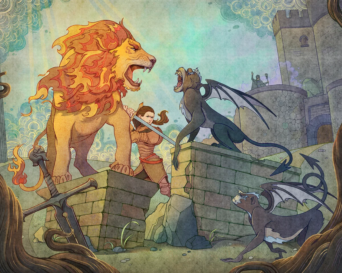 Dorothy and her companions on a stone bridge, facing a winged creature.