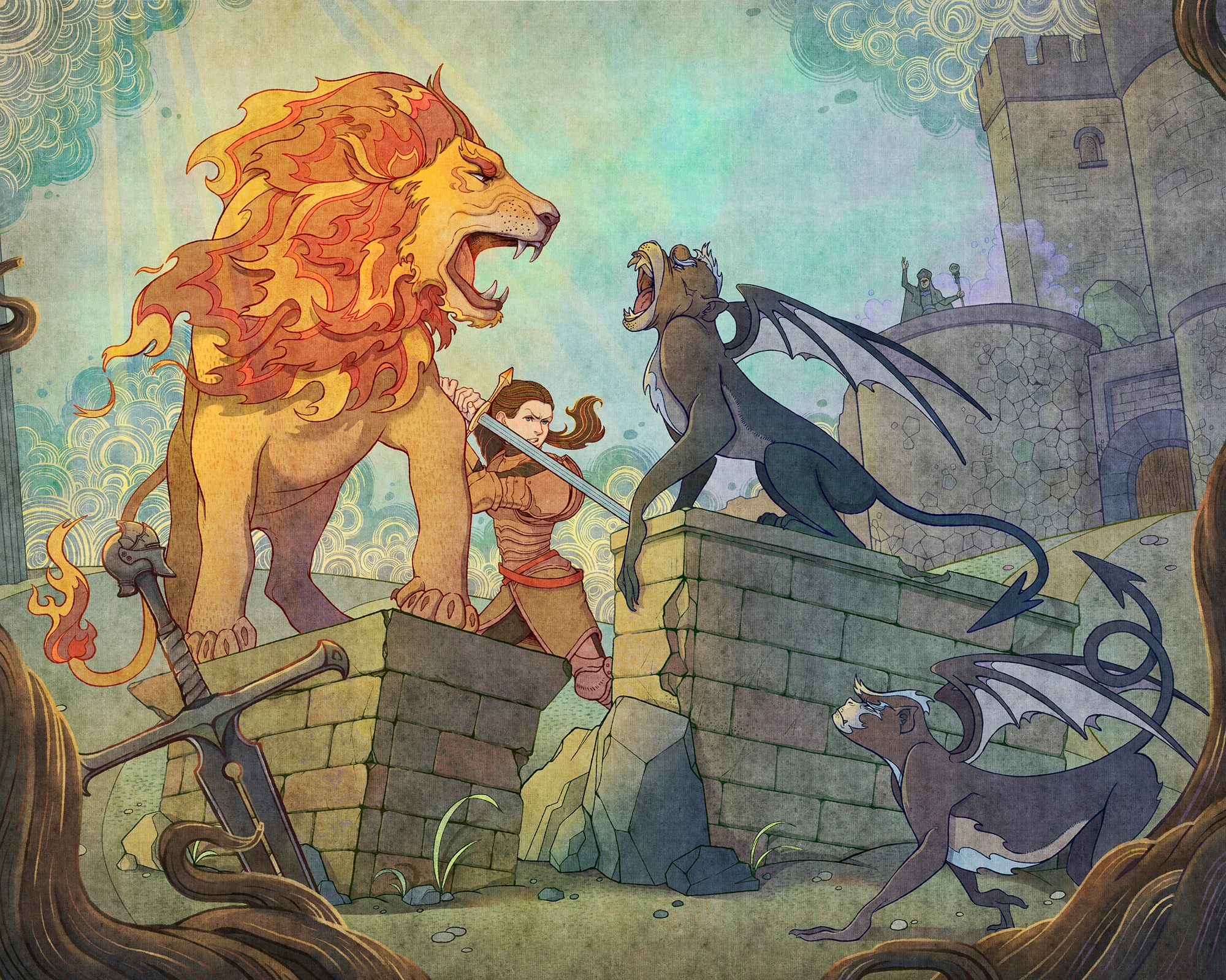 Dorothy and her companions on a stone bridge, facing a winged creature.